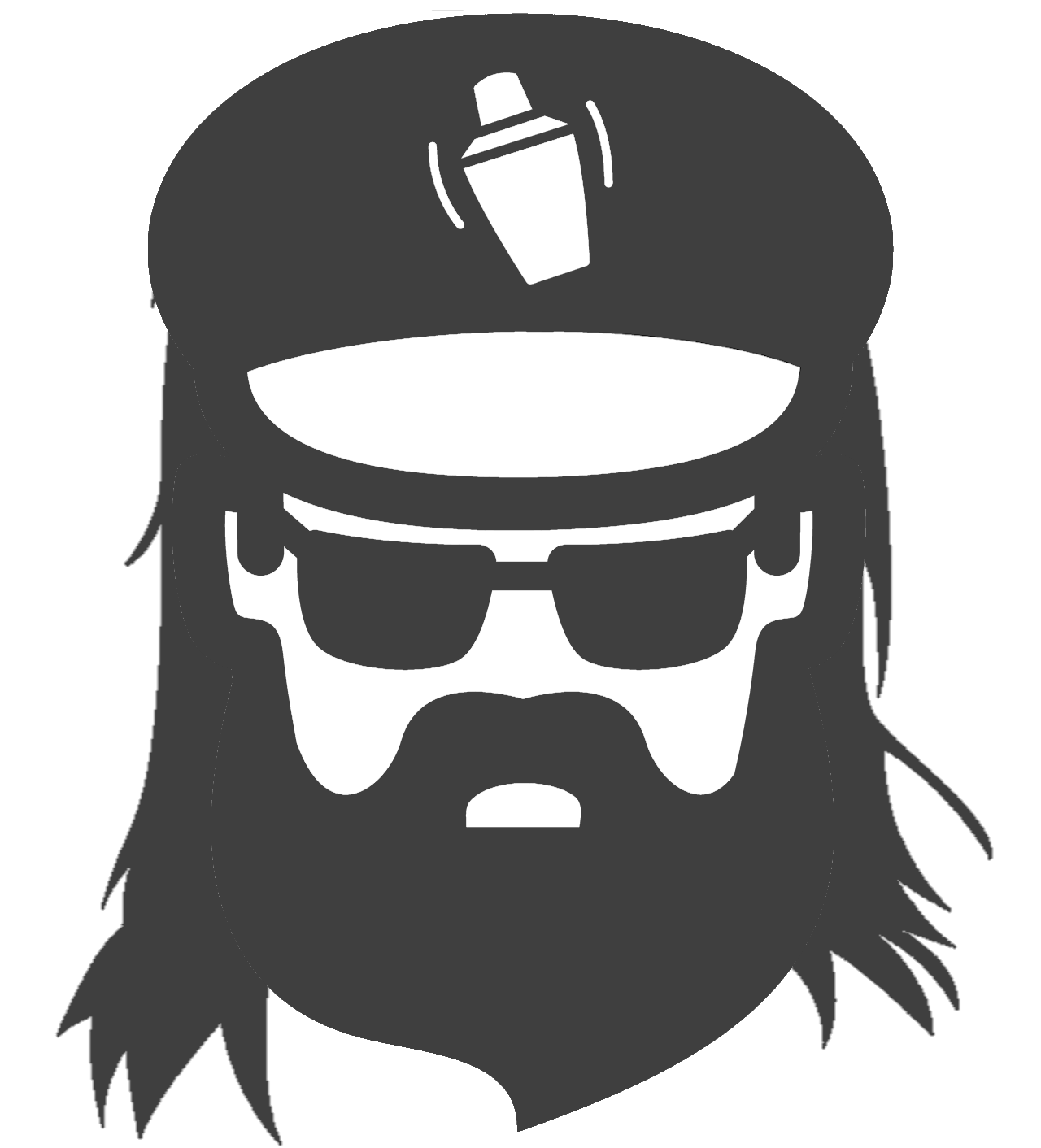 logo with bearded man and a beret with a drawing of a cocktail shaker